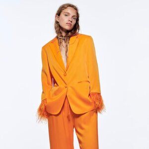 Orange Ostrich Feather Trim Blazer Suit Jacket and Drawstring Pant Suit Zara NWT